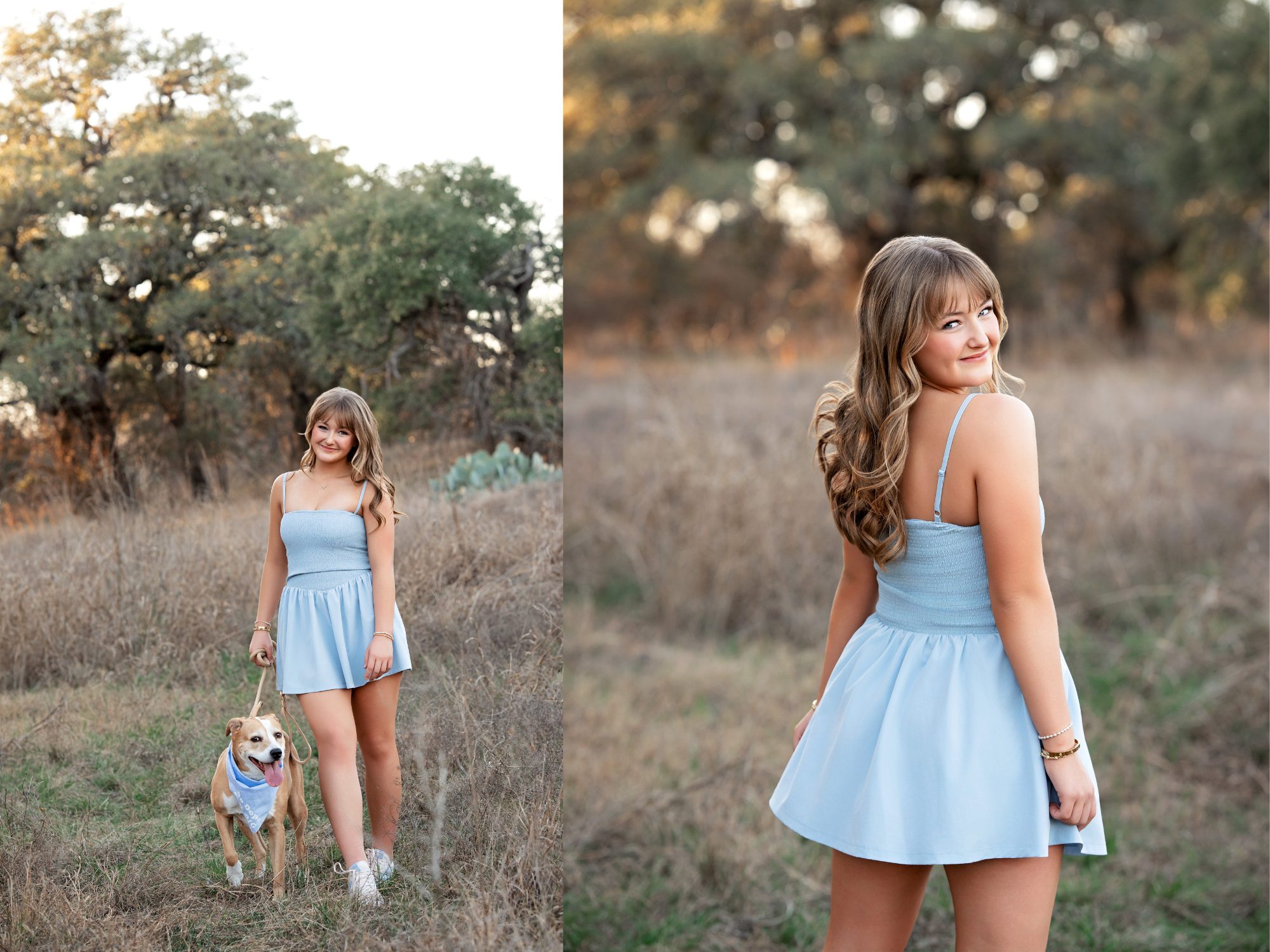 2 San Antonio Texas senior portraits with dog, natural outdoor setting."
